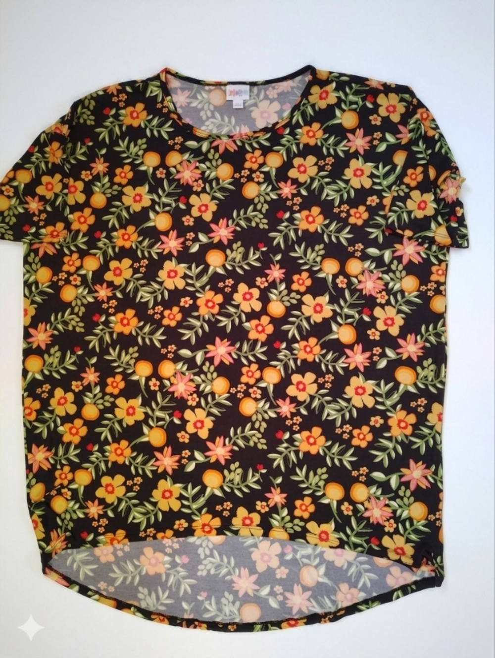 LuLaRoe Jane Mock Neck Longline Tunic Yellow & Pink Floral Black Large